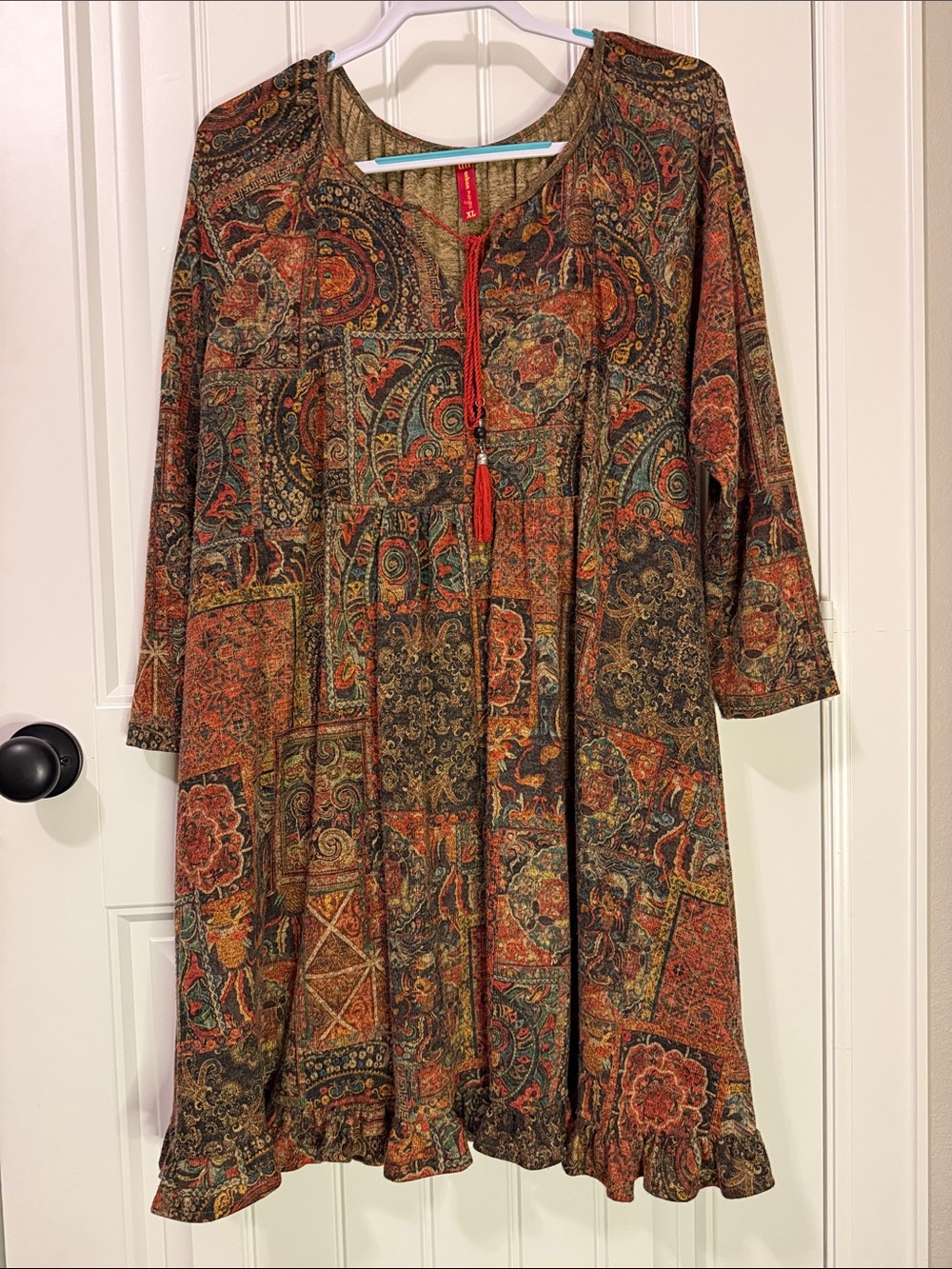 Boho Patchwork Midi Dress with Tassel Tie - Multicolor